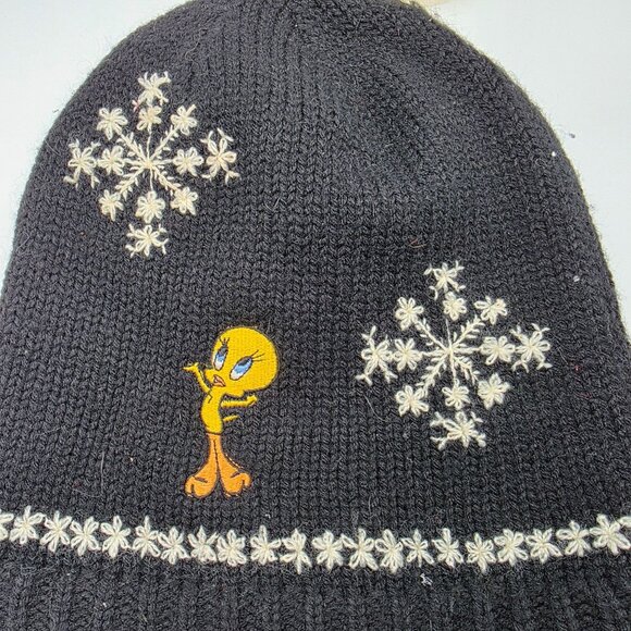 Vintage Warner Bros Tweety Bird Snowflake Acrylic Beanie Hat Black Winter Warm main image 6